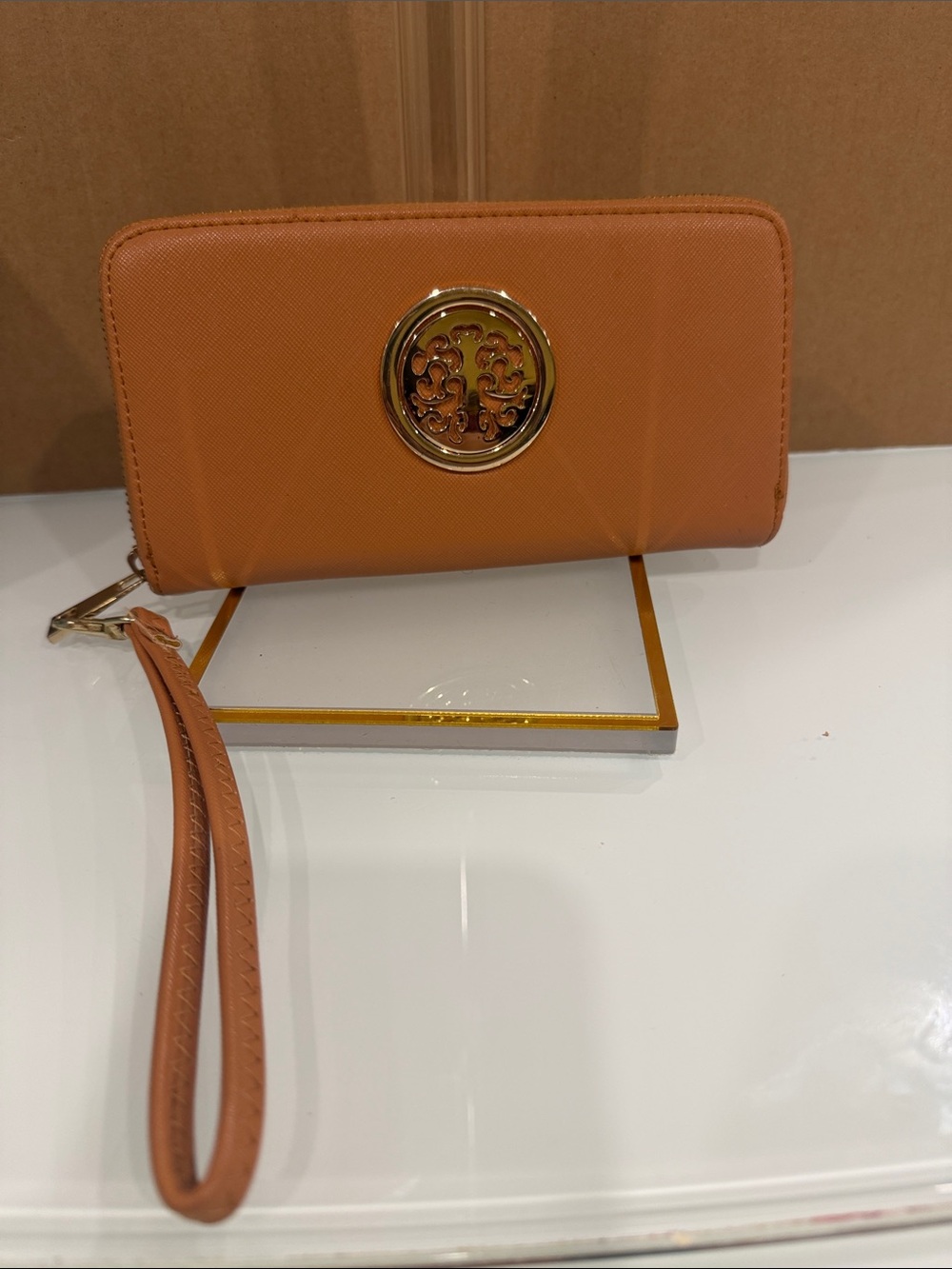 Tory Burch Caramel Tan Wristlet with Gold Logo Medallion - Picture 2 of 8